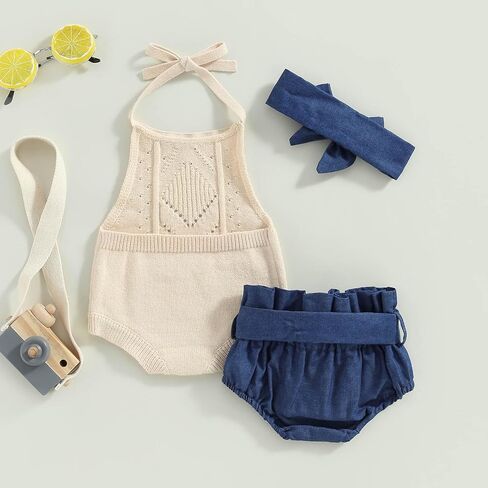 TheFound Toddler Baby Girls Knitted Outfit Tie-up Tank Top Elastic Waist Flower Shorts Summer Clothes 6 12 18 24 Months 2t 3t in Saudi Arabia