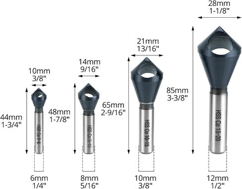 QWORK 4PCS Cobalt Single-End Countersink Chamfer Tool Set, M35 High-Speed Steel, 90° Cutting Angle in Saudi Arabia