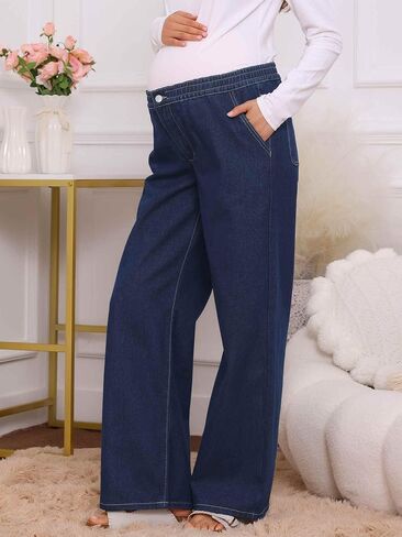 Women Maternity Jeans Elastic Waist Straight Wide Leg Loose Middle Waist Long Pregnancy Blue Jeans with Pockets in Kuwait