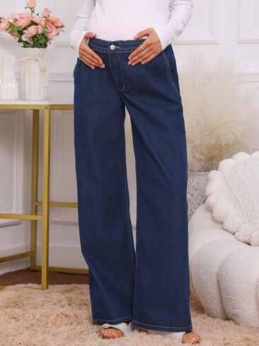 Women Maternity Jeans Elastic Waist Straight Wide Leg Loose Middle Waist Long Pregnancy Blue Jeans with Pockets in Kuwait