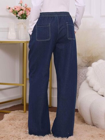Women Maternity Jeans Elastic Waist Straight Wide Leg Loose Middle Waist Long Pregnancy Blue Jeans with Pockets in Kuwait