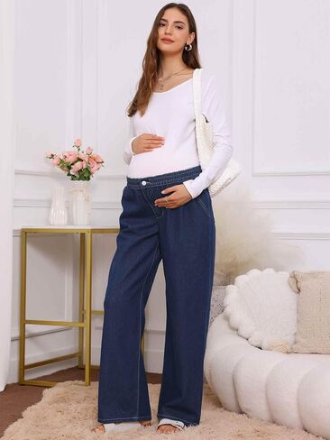 Women Maternity Jeans Elastic Waist Straight Wide Leg Loose Middle Waist Long Pregnancy Blue Jeans with Pockets in Kuwait