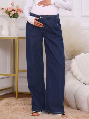 Women Maternity Jeans Elastic Waist Straight Wide Leg Loose Middle Waist Long Pregnancy Blue Jeans with Pockets in Kuwait