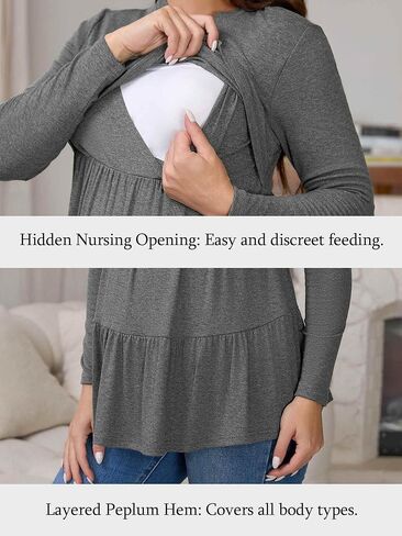 قمصان التمريض النسائية الرضاعة الطبيعية المتدرج مطوي سترة طويلة الأكمام تمتد بعد الولادة الأمومة تي شيرت in Kuwait