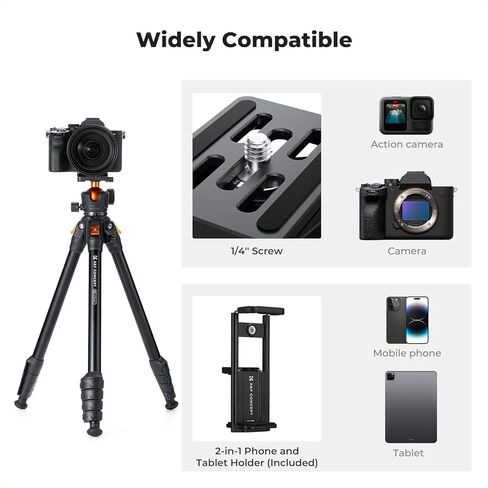 حامل ثلاثي للسفر من الألومنيوم مقاس 63 بوصة من K&F CONCEPT للكاميرا مع حامل الهاتف، حامل ثلاثي صغير الحجم خفيف الوزن غير قابل للعكس يزن 2.6 رطل، الحد الأقصى للحمل 22 رطلًا للكاميرا DSLR بدون مرآة نطاق اكتشاف كاميرات الفيديو الهاتف in Kuwait