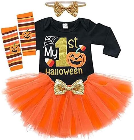 Baby Girls Halloween Outfits My 1st Halloween Romper+ Tutu Dress+ Striated Leg Warmer+ Bunny Headband 4Pcs Outfit Set in Saudi Arabia