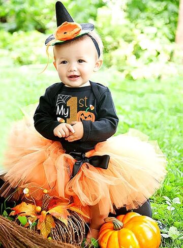 Baby Girls Halloween Outfits My 1st Halloween Romper+ Tutu Dress+ Striated Leg Warmer+ Bunny Headband 4Pcs Outfit Set in Saudi Arabia