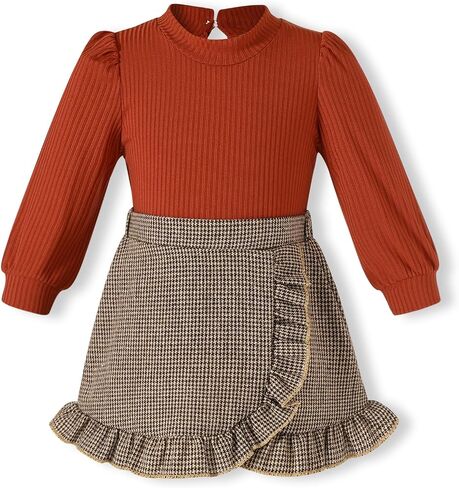 YOUNGER TREE Toddler Girl Knitted Skirt Outfits Long Sleeve Shirt Blouse Top Plaid Mini Dress Fall Winter Clothes Set in Saudi Arabia