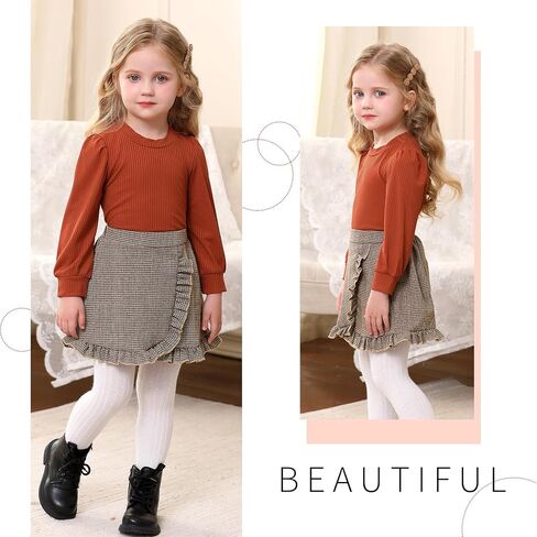 YOUNGER TREE Toddler Girl Knitted Skirt Outfits Long Sleeve Shirt Blouse Top Plaid Mini Dress Fall Winter Clothes Set in Saudi Arabia