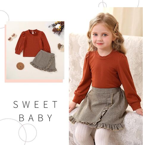 YOUNGER TREE Toddler Girl Knitted Skirt Outfits Long Sleeve Shirt Blouse Top Plaid Mini Dress Fall Winter Clothes Set in Saudi Arabia
