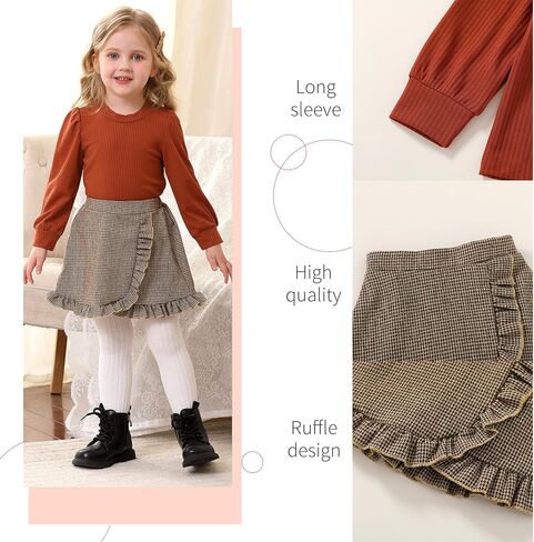 YOUNGER TREE Toddler Girl Knitted Skirt Outfits Long Sleeve Shirt Blouse Top Plaid Mini Dress Fall Winter Clothes Set in Saudi Arabia