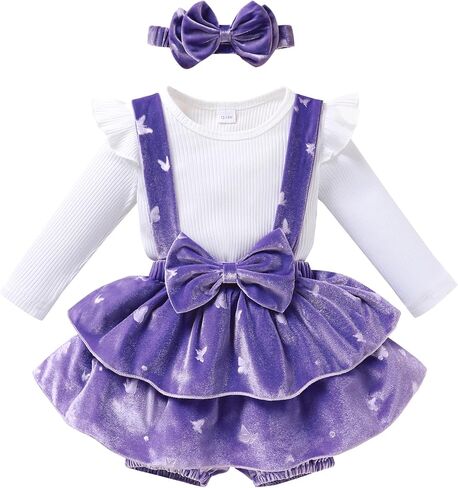 YOUNGER TREE Baby Girl Clothes Winter Outfit Long Sleeve Romper Newborn Fall Corduroy Suspender Skirt Set with Headband in Saudi Arabia