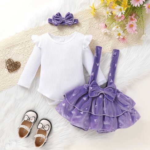 YOUNGER TREE Baby Girl Clothes Winter Outfit Long Sleeve Romper Newborn Fall Corduroy Suspender Skirt Set with Headband in Saudi Arabia