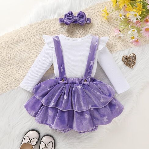 YOUNGER TREE Baby Girl Clothes Winter Outfit Long Sleeve Romper Newborn Fall Corduroy Suspender Skirt Set with Headband in Saudi Arabia