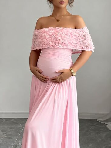 Cudiew Women's Maternity Dress for Photoshoot Off Shoulder Maxi Long Baby Shower Dresses 3D Floral Preganant Gown in Saudi Arabia