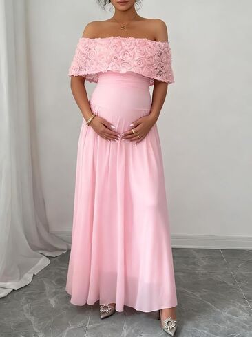 Cudiew Women's Maternity Dress for Photoshoot Off Shoulder Maxi Long Baby Shower Dresses 3D Floral Preganant Gown in Saudi Arabia