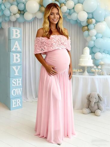 Cudiew Women's Maternity Dress for Photoshoot Off Shoulder Maxi Long Baby Shower Dresses 3D Floral Preganant Gown in Saudi Arabia