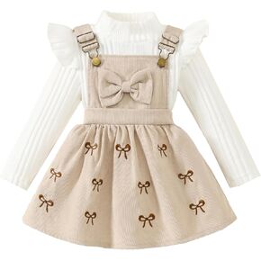 Toddler Baby Girl Outfits Long Sleeve Ribbed T-Shirt Bow Overall Dresses Suspender Skirt Set Fall Winter Clothes in Kuwait
