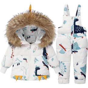 Fewlby Snowsuit Kids 2-Piece Ski Suits Set, Hooded Puffer Down Jacket Snow Bib Pants, Toddler Winter Outfit Cartoon Skisuit in Saudi Arabia