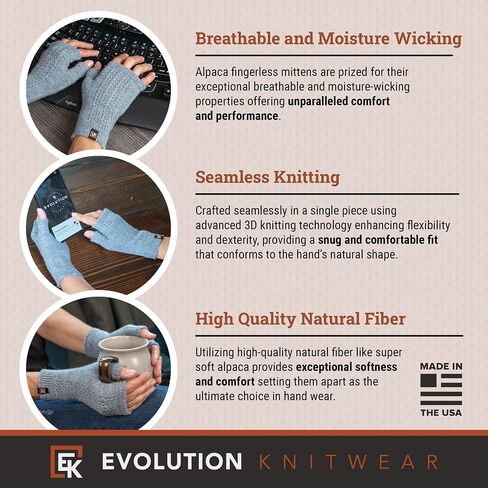 Evolution Knitwear Alpaca Mesh Knit Fingerless Mittens - Made in the USA - Super Soft Baby Alpaca - Small in Saudi Arabia