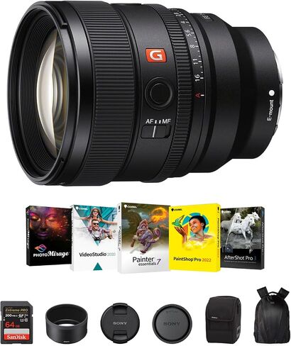 عدسة سوني FE 85 ملم f/1.4 GM II لكاميرات E-Mount | عدسة كاميرا رقمية كاملة الإطار ذات فتحة كبيرة مع مجموعة برامج Corel Art Suite وبطاقة ذاكرة SanDisk سعة 64 جيجابايت وحقيبة ظهر للكاميرا - مجموعة الحزمة الأساسية in Saudi Arabia