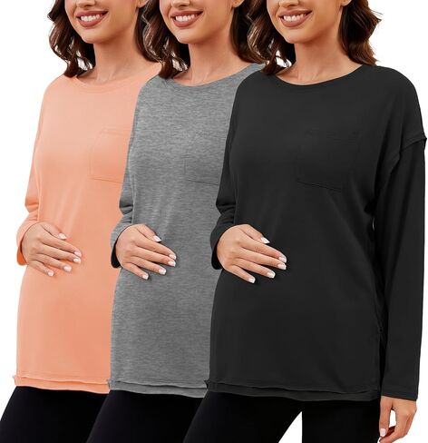Ecavus Women's Oversized Maternity Shirts Long Sleeve Side Slit Pregnancy Tee with Pocket Fall Winter Mama Clothes in Saudi Arabia