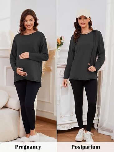 Ecavus Women's Oversized Maternity Shirts Long Sleeve Side Slit Pregnancy Tee with Pocket Fall Winter Mama Clothes in Saudi Arabia