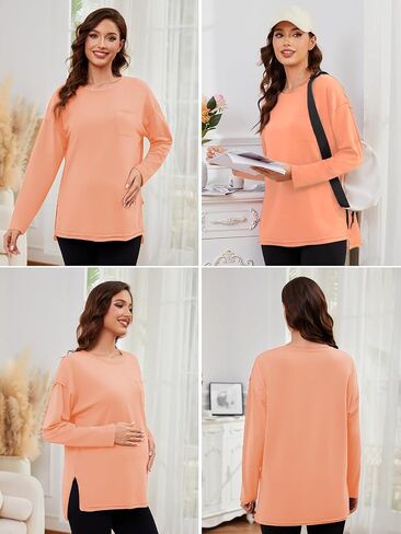 Ecavus Women's Oversized Maternity Shirts Long Sleeve Side Slit Pregnancy Tee with Pocket Fall Winter Mama Clothes in Saudi Arabia