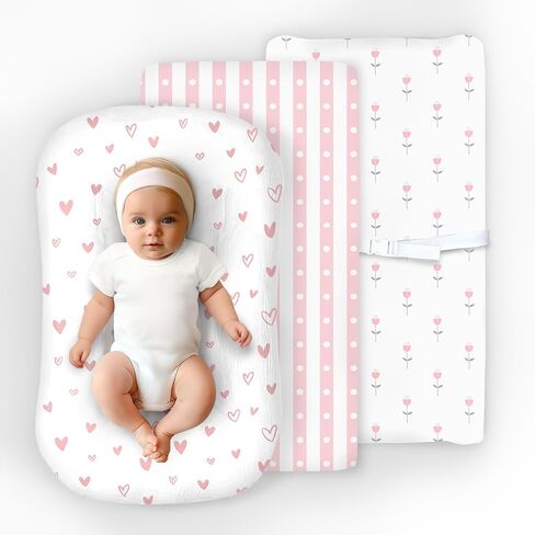 100% Organic Cotton Baby Lounger or Changing Pad Covers with Reenforced Safety Strap Holes. Fits Evolur, Munchkin, Delta, Snuggle Me and More. Multi-Use, Pink for Girl. 3 Pk of Covers Only. in Saudi Arabia