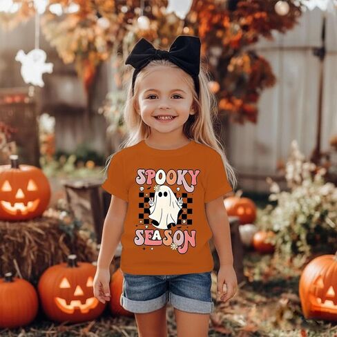 Toddler Girls Halloween T-Shirt Kid Spooky Season Shirts Checkerboard Ghost Graphic Tees Outfits Short Sleeve Tops in Kuwait