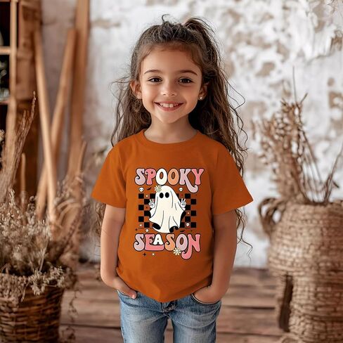 Toddler Girls Halloween T-Shirt Kid Spooky Season Shirts Checkerboard Ghost Graphic Tees Outfits Short Sleeve Tops in Kuwait