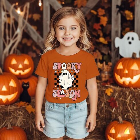 Toddler Girls Halloween T-Shirt Kid Spooky Season Shirts Checkerboard Ghost Graphic Tees Outfits Short Sleeve Tops in Kuwait