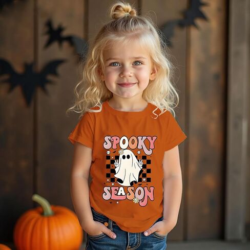 Toddler Girls Halloween T-Shirt Kid Spooky Season Shirts Checkerboard Ghost Graphic Tees Outfits Short Sleeve Tops in Kuwait