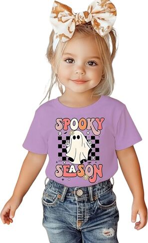 Toddler Girls Halloween T-Shirt Kid Spooky Season Shirts Checkerboard Ghost Graphic Tees Outfits Short Sleeve Tops in Kuwait