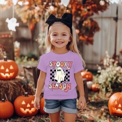Toddler Girls Halloween T-Shirt Kid Spooky Season Shirts Checkerboard Ghost Graphic Tees Outfits Short Sleeve Tops in Kuwait