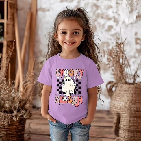 Toddler Girls Halloween T-Shirt Kid Spooky Season Shirts Checkerboard Ghost Graphic Tees Outfits Short Sleeve Tops in Kuwait