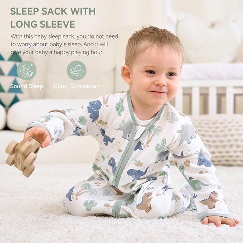 Baby Sleep Sack 6-12 Months, Long Sleeve Baby Wearable Blanket 0.5 Tog with Mittens, 2-Way Zipper Infant Cotton Sleeping Sack for Boy and Girl Green Dinosaur 2 Pack (Medium) in Kuwait