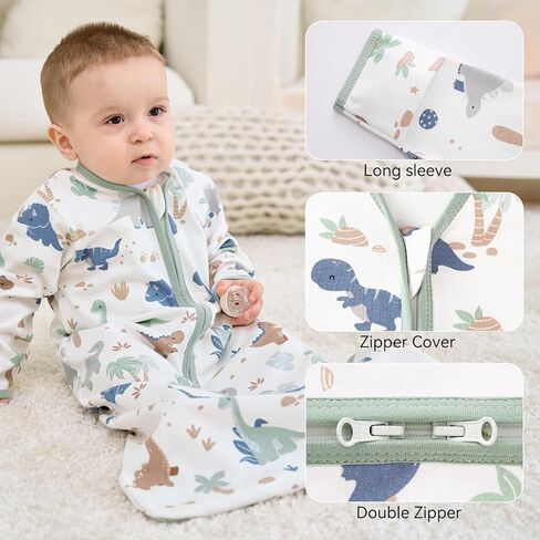Baby Sleep Sack 6-12 Months, Long Sleeve Baby Wearable Blanket 0.5 Tog with Mittens, 2-Way Zipper Infant Cotton Sleeping Sack for Boy and Girl Green Dinosaur 2 Pack (Medium) in Kuwait