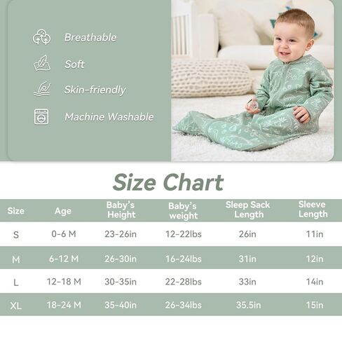 Baby Sleep Sack 6-12 Months, Long Sleeve Baby Wearable Blanket 0.5 Tog with Mittens, 2-Way Zipper Infant Cotton Sleeping Sack for Boy and Girl Green Dinosaur 2 Pack (Medium) in Kuwait
