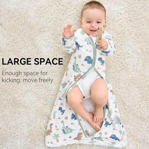 Baby Sleep Sack 6-12 Months, Long Sleeve Baby Wearable Blanket 0.5 Tog with Mittens, 2-Way Zipper Infant Cotton Sleeping Sack for Boy and Girl Green Dinosaur 2 Pack (Medium) in Kuwait