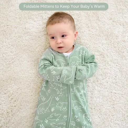 Baby Sleep Sack 6-12 Months, Long Sleeve Baby Wearable Blanket 0.5 Tog with Mittens, 2-Way Zipper Infant Cotton Sleeping Sack for Boy and Girl Green Dinosaur 2 Pack (Medium) in Kuwait