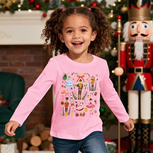 Ritatte Toddler Girls Christmas Shirt Nutcracker Ballet Graphic T-Shirt Xmas Holiday Tees Cute Fall Kids Long Sleeve Tops in Saudi Arabia
