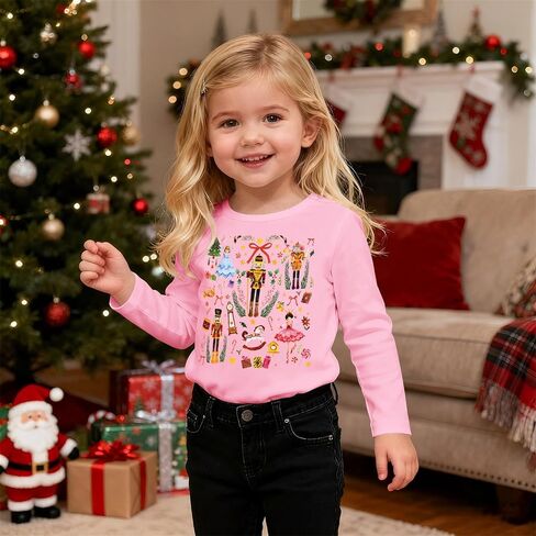 Ritatte Toddler Girls Christmas Shirt Nutcracker Ballet Graphic T-Shirt Xmas Holiday Tees Cute Fall Kids Long Sleeve Tops in Saudi Arabia