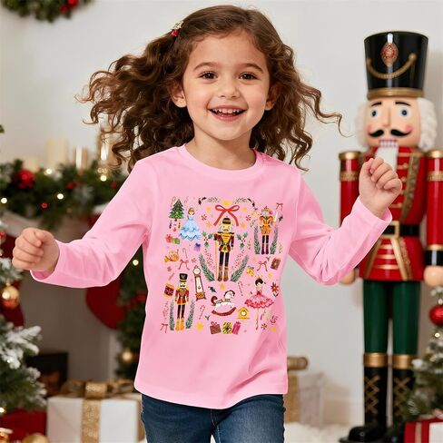Ritatte Toddler Girls Christmas Shirt Nutcracker Ballet Graphic T-Shirt Xmas Holiday Tees Cute Fall Kids Long Sleeve Tops in Saudi Arabia