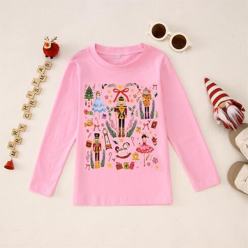 Ritatte Toddler Girls Christmas Shirt Nutcracker Ballet Graphic T-Shirt Xmas Holiday Tees Cute Fall Kids Long Sleeve Tops in Saudi Arabia