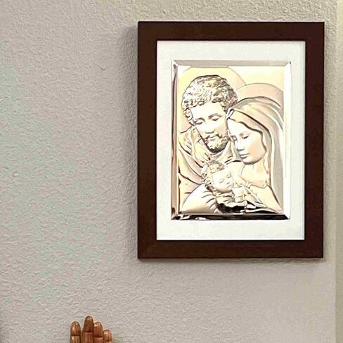 Bethlehem Handicrafts Holy Family with Baby Jesus Christ Silver Icon Wooden Frame in Saudi Arabia