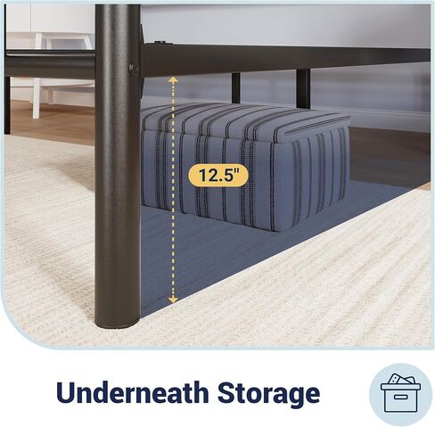 إطار سرير معدني بمنصة معدنية مقاس 14 بوصة من Allewie مع لوح أمامي ولوح قدم، وتخزين أسفل السرير، ودعم شرائح معدنية قوية، وأساس مرتبة، ولا حاجة إلى صندوق زنبركي، سهل التجميع، أبيض in Kuwait