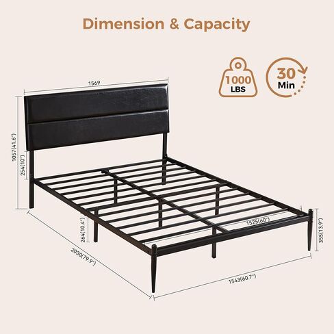 BedsPick إطار سرير بحجم كوين، إطار سرير بمنصة مع لوح أمامي منجد، 12 شريحة هادئة، تصميم على الطراز الحضري، لا حاجة إلى صندوق زنبركي in Saudi Arabia