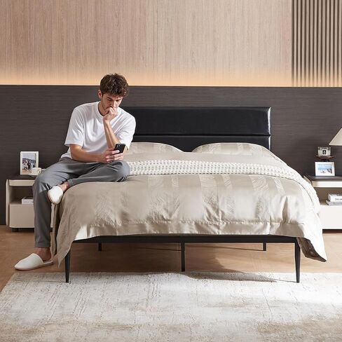 BedsPick إطار سرير بحجم كوين، إطار سرير بمنصة مع لوح أمامي منجد، 12 شريحة هادئة، تصميم على الطراز الحضري، لا حاجة إلى صندوق زنبركي in Saudi Arabia