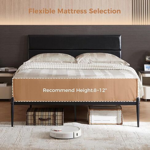 BedsPick إطار سرير بحجم كوين، إطار سرير بمنصة مع لوح أمامي منجد، 12 شريحة هادئة، تصميم على الطراز الحضري، لا حاجة إلى صندوق زنبركي in Saudi Arabia
